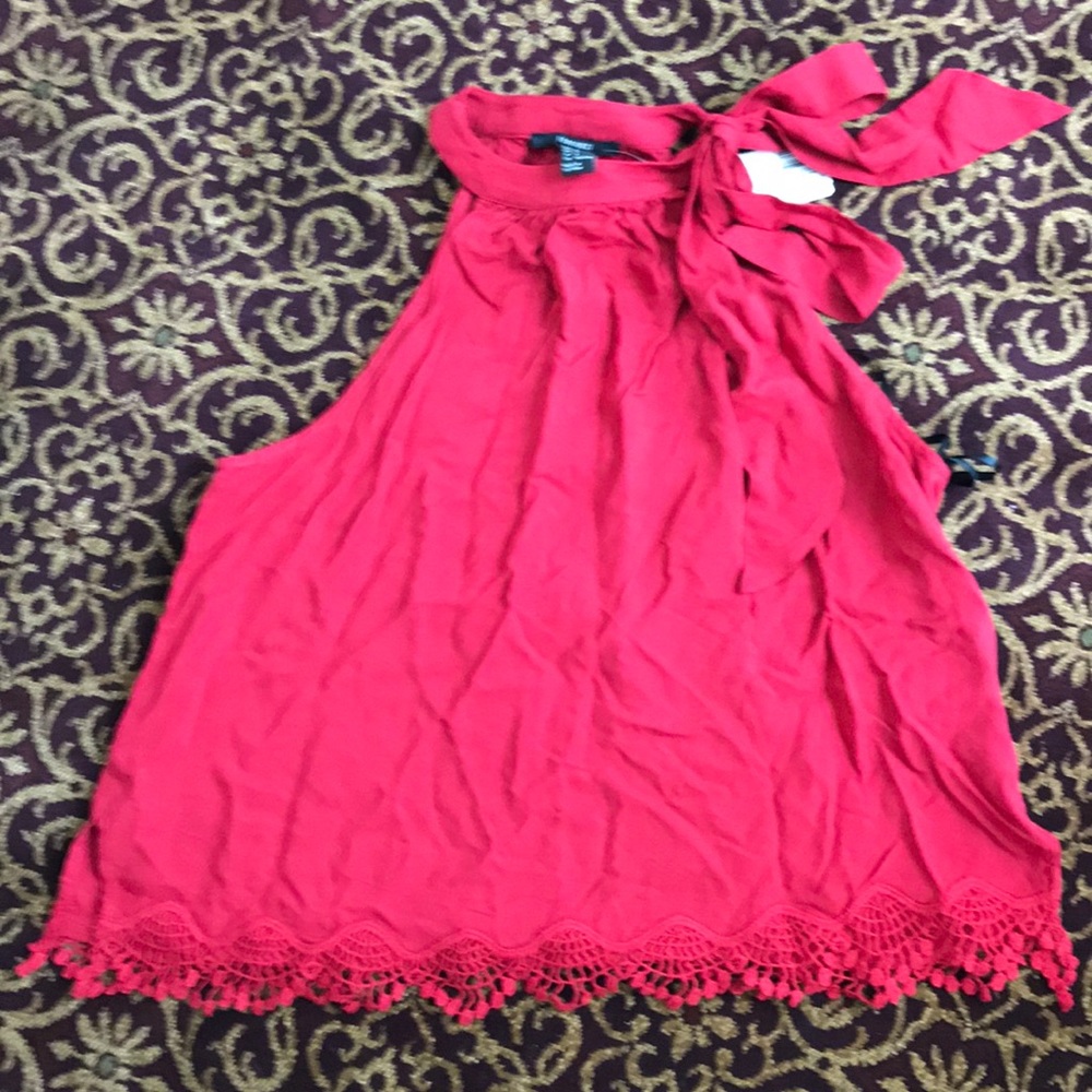 NWT Forever 21 red sleeveless blouse with high neck tie. Size small.